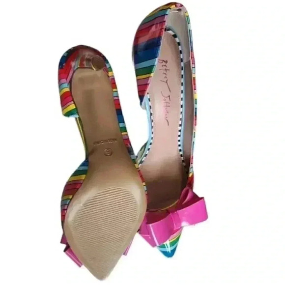 NWOT Betsey Johnson Relay Rainbow Striped Pink Bow Stiletto Pumps Heels Size  8 - Picture 6 of 8